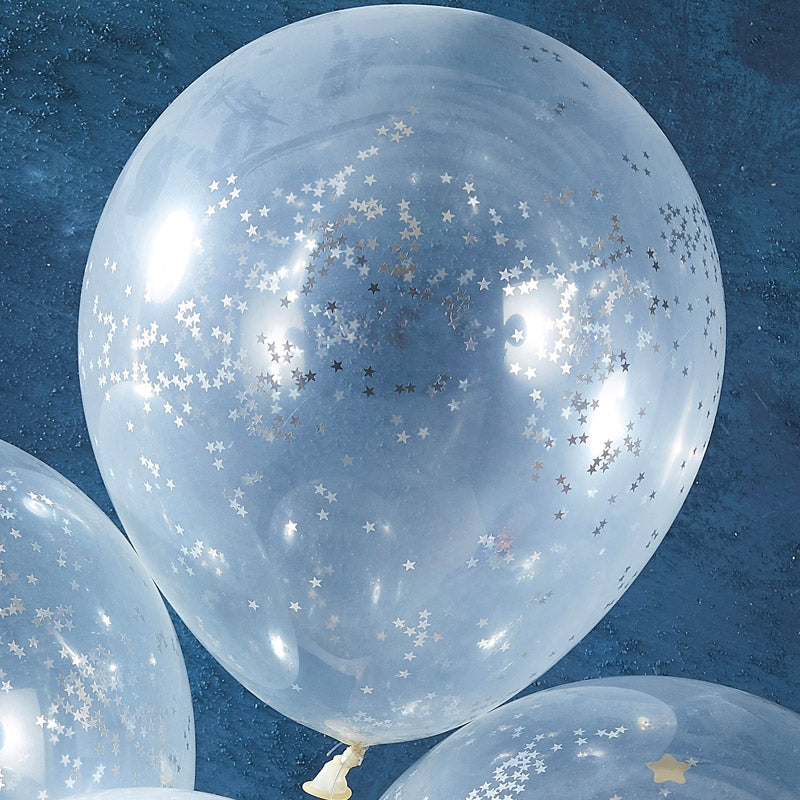 Konfetti balloner med sølv stjerner 5 stk